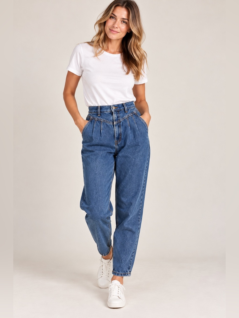 Vintage Chic High Waisted Pleated Mom Jeans Medium Wash Tapered Leg